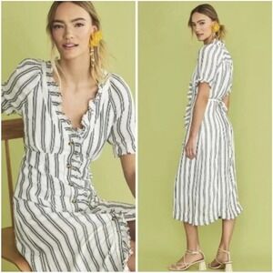 Pilcro Anthropologie Dress Womens 6 Striped Linen Blend Ruffle Midi Blue White